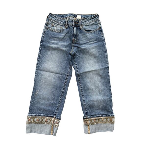 VTG 90s Y2K Boho Jeans Womens Juniors 4 Curvy Capri Sequins Cuffed Denim Pants - Picture 1 of 10